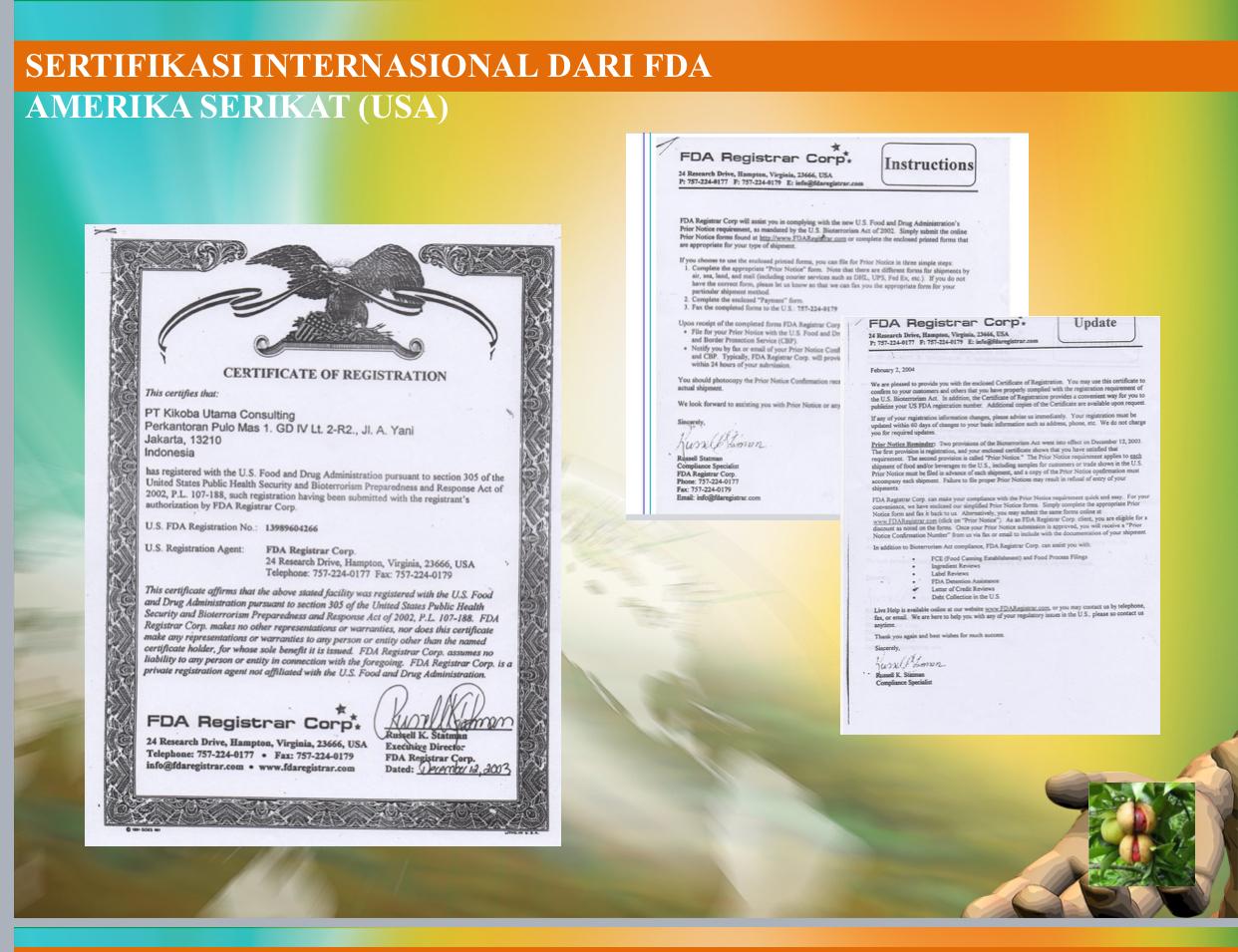 Sertifikat FDA PT. Kikoba Utama